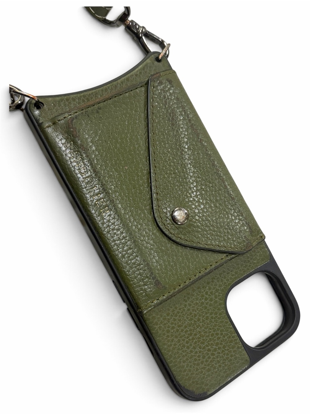 Bandolier IPhone 13 Casey side slot Army Green Pebbled Leather Case PreLoved